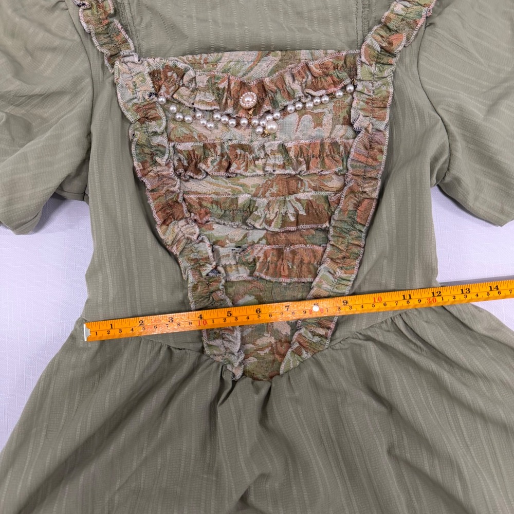 Vintage Style Sage Green Cottagecore Maxi Dress Pearl Floral Tapestry Medium - Picture 6 of 10
